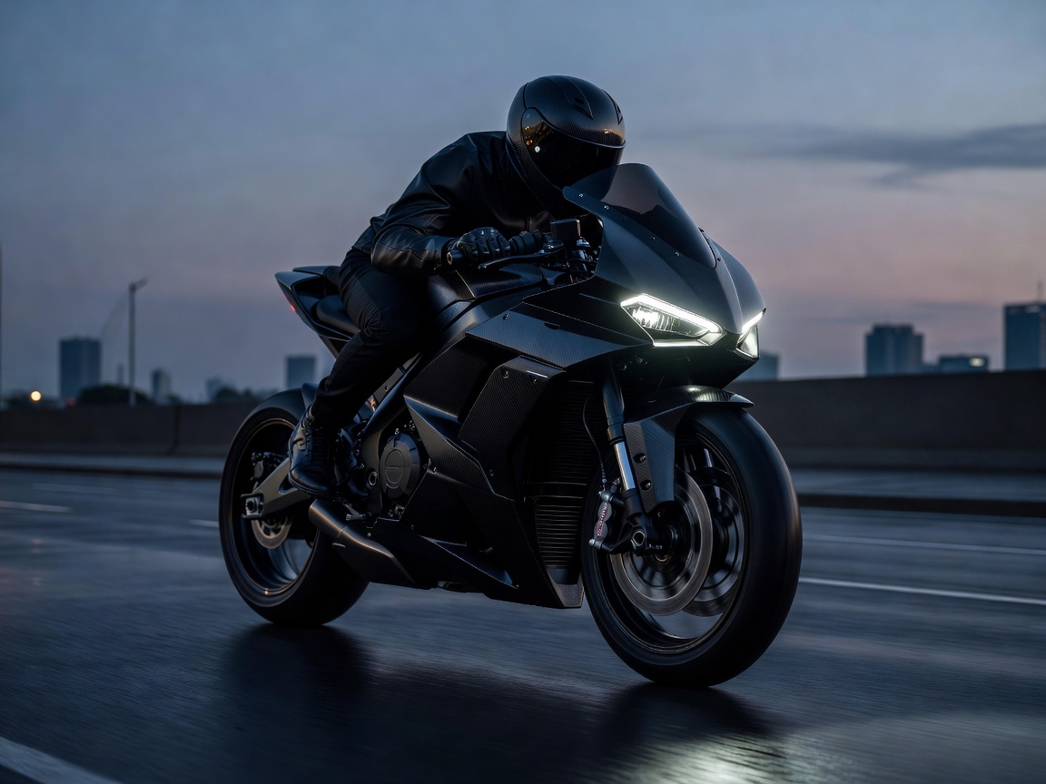 Aerodynamic hyper-streetfighter electric motorcycle with sharp geometric fairings, dual LED headlamps, and aggressive sporty riding stance