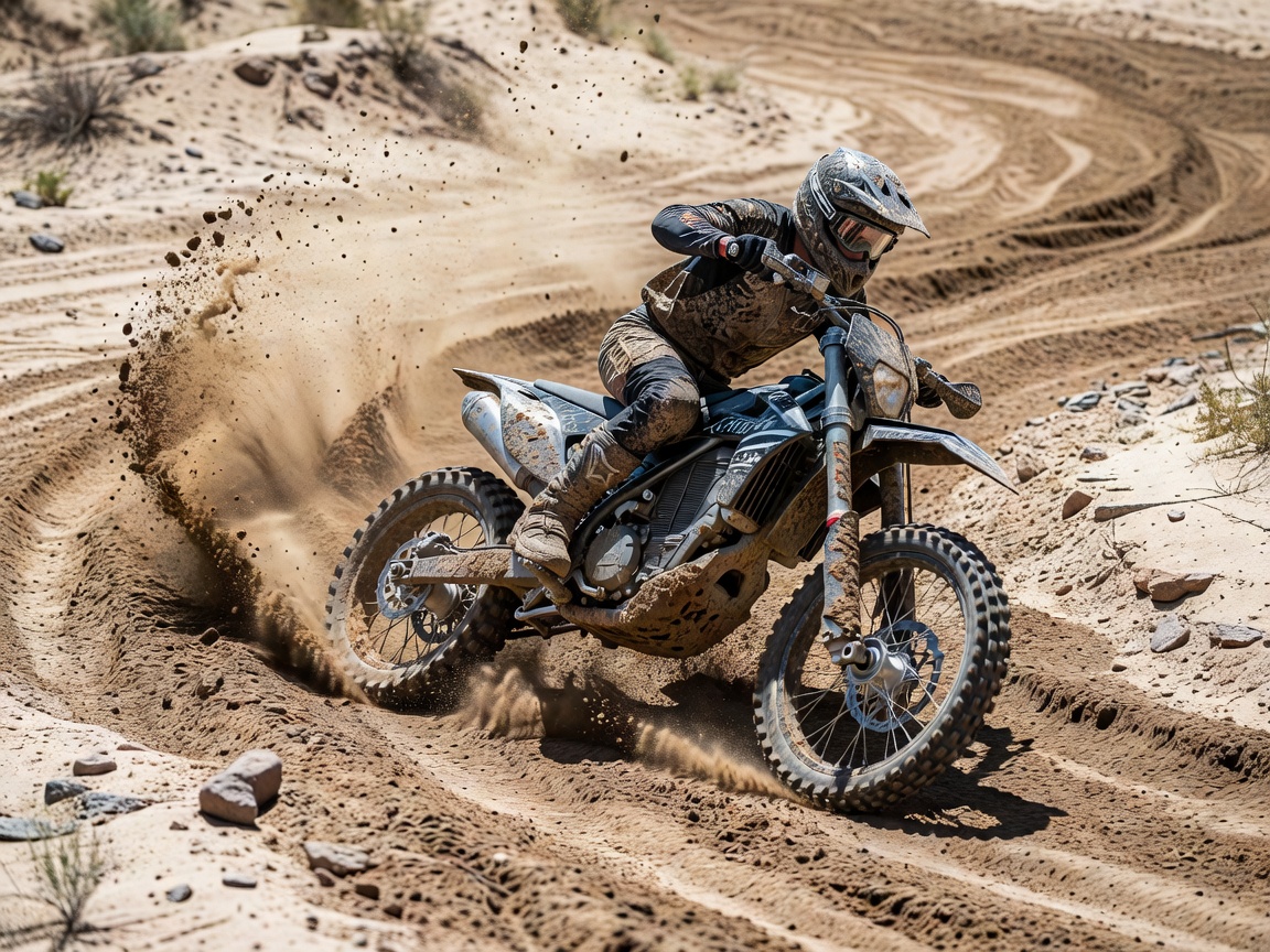Aggressive electric dirt bike in action, conquering a sandy dirt trail with maximum wheel torque and mud splashing