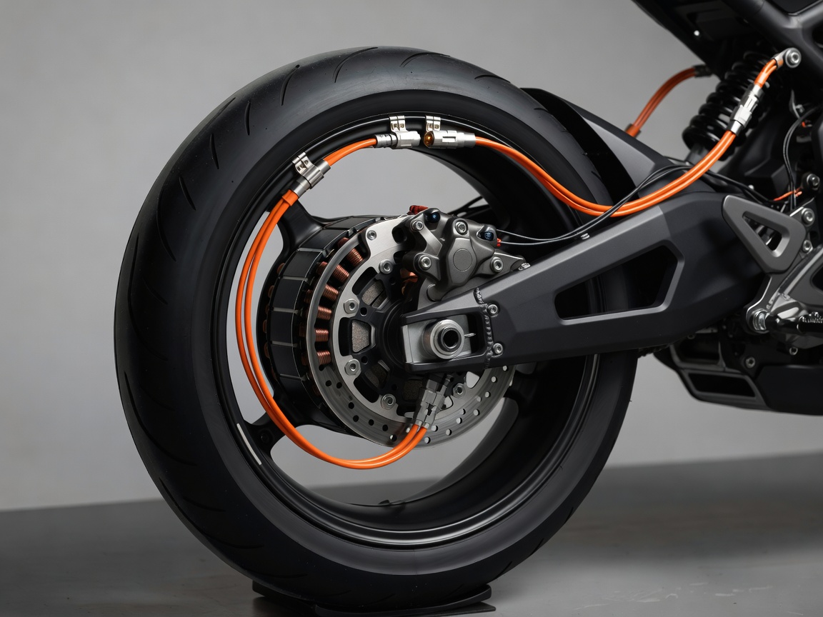 Detailed technical close-up of a hubless centerless electric motorcycle rear wheel with high-voltage orange phase cables and brake calipers