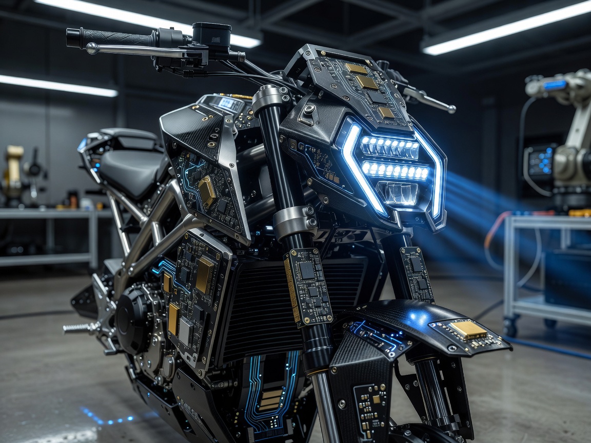 Futuristic glowing LED motorcycle headlight and electronic front chassis assembly reflecting state-of-the-art power electronics