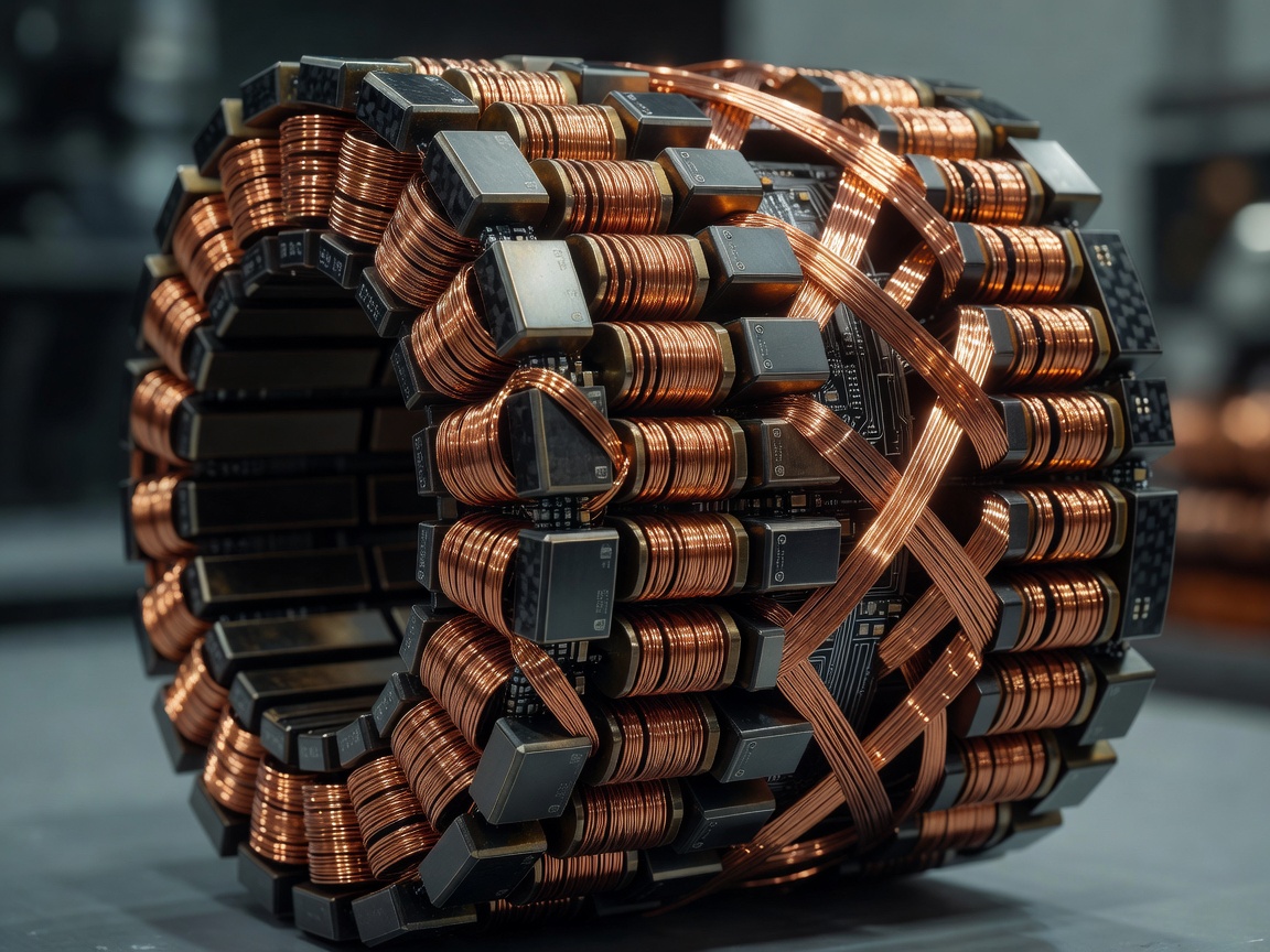 High-density electromagnetic copper core stator winding components representing advanced solid-state hyperbike motor technology