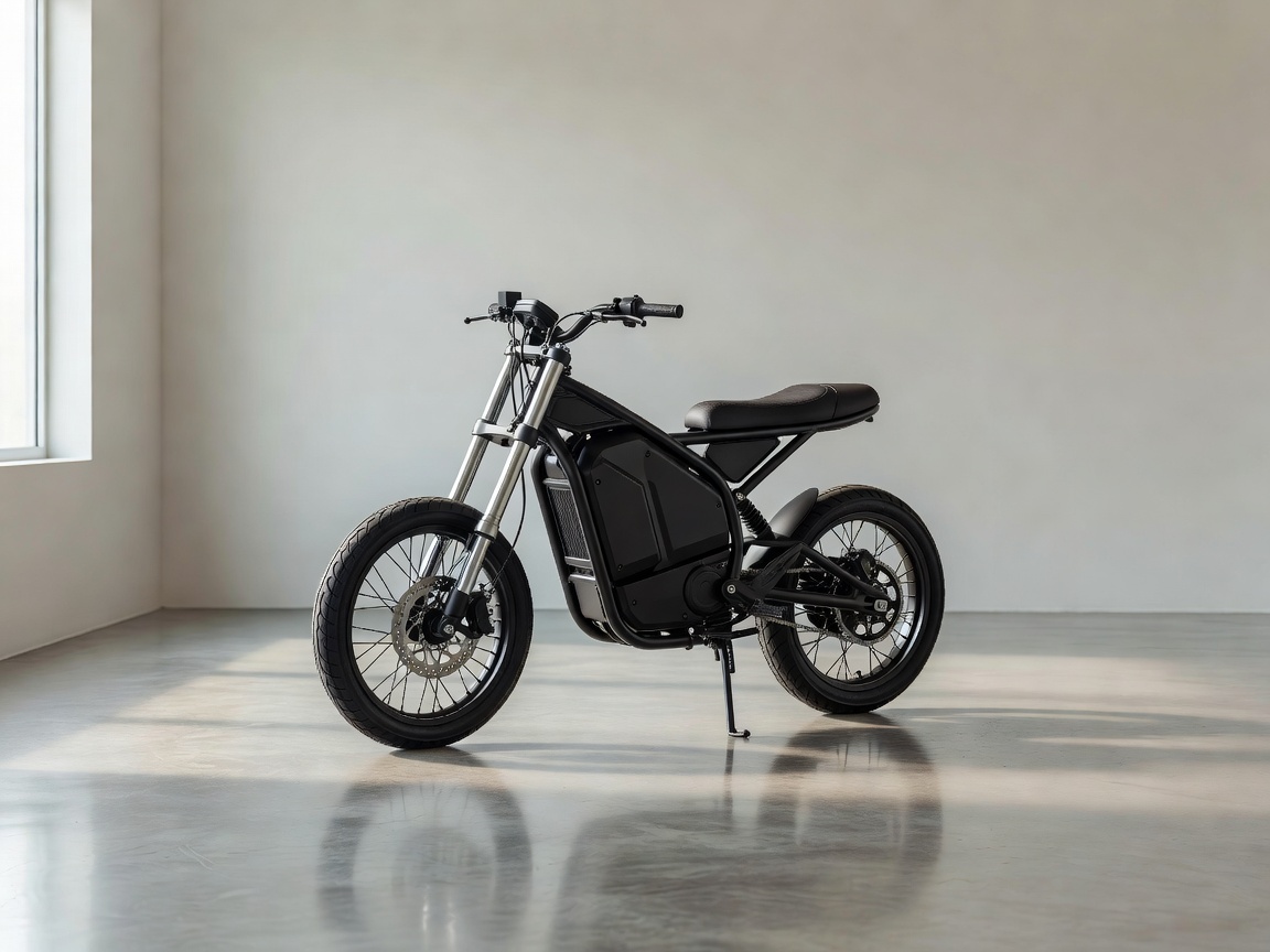 Sleek lightweight vintage-inspired modern commuter electric motorcycle with a girder fork structure parked in a clean minimalist garage