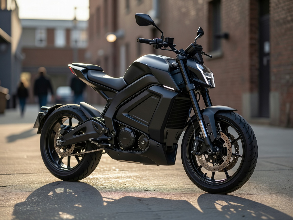 Sleek street-oriented electric motorcycle tracker featuring a central black structural monocoque battery pack and integrated belt drive